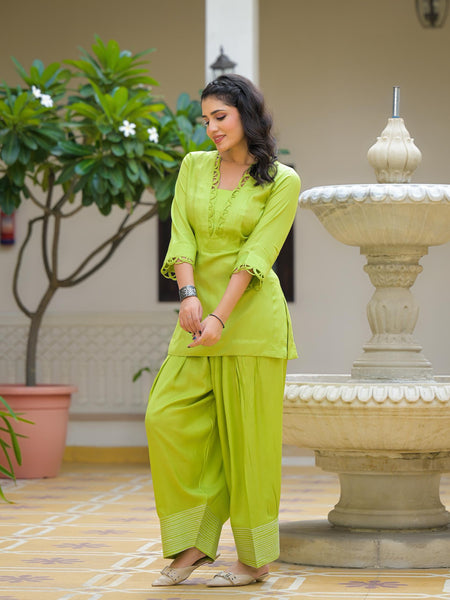 Lime Green Crape Premium And Elegant Co-Ord Set For Women