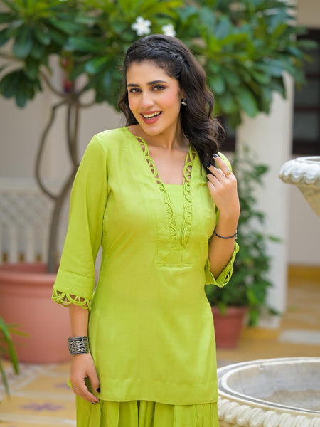 Lime Green Crape Premium And Elegant Co-Ord Set For Women