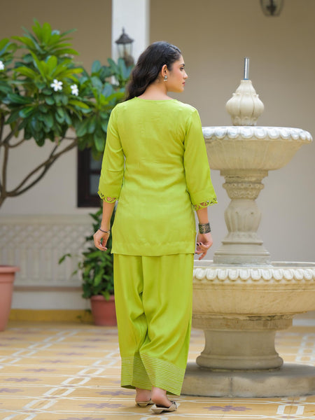 Lime Green Crape Premium And Elegant Co-Ord Set For Women