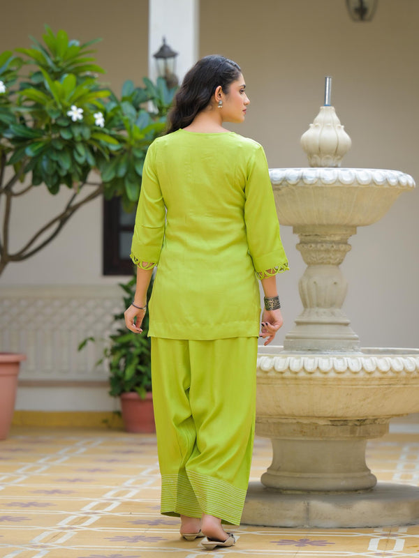 Lime Green Crape Premium And Elegant Co-Ord Set For Women