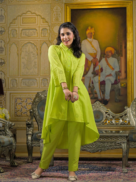 Lime Green Cotton Premium And Elegant Co-Ord Set For Women