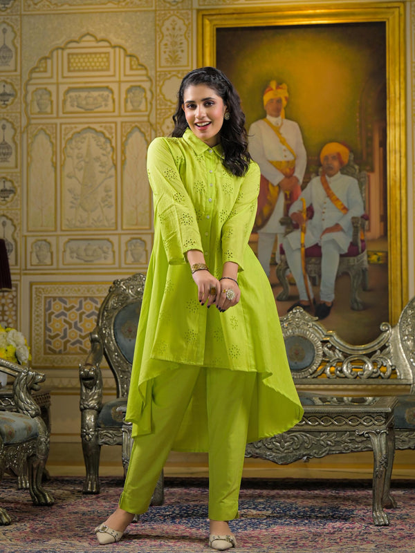 Lime Green Cotton Premium And Elegant Co-Ord Set For Women