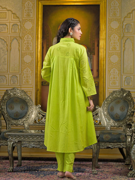 Lime Green Cotton Premium And Elegant Co-Ord Set For Women