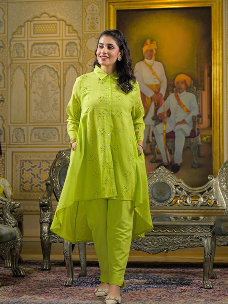 Lime Green Cotton Premium And Elegant Co-Ord Set For Women