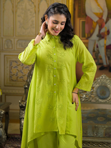 Lime Green Cotton Premium And Elegant Co-Ord Set For Women