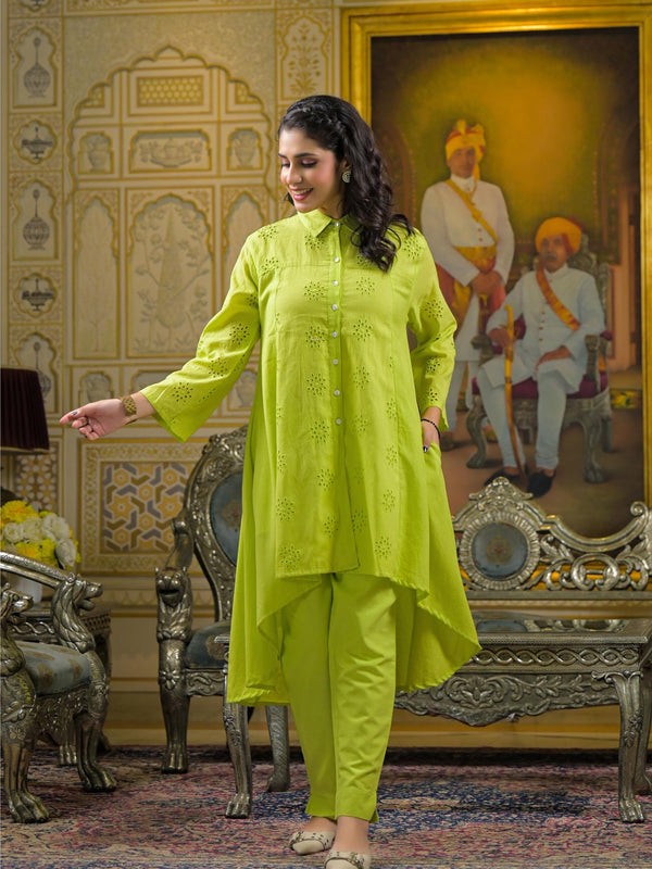 Lime Green Cotton Premium And Elegant Co-Ord Set For Women