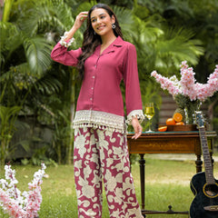 Maroon Printed Crepe Co-Ord Set with Palazzo