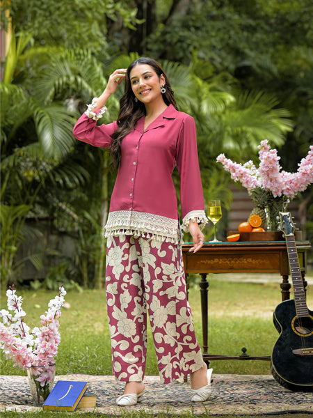 Maroon Printed Crepe Co-Ord Set with Palazzo