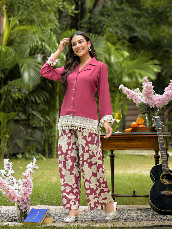 Maroon Printed Crepe Co-Ord Set with Palazzo