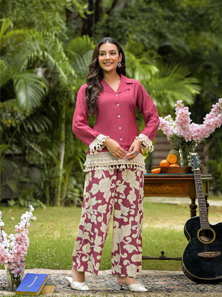 Maroon Printed Crepe Co-Ord Set with Palazzo