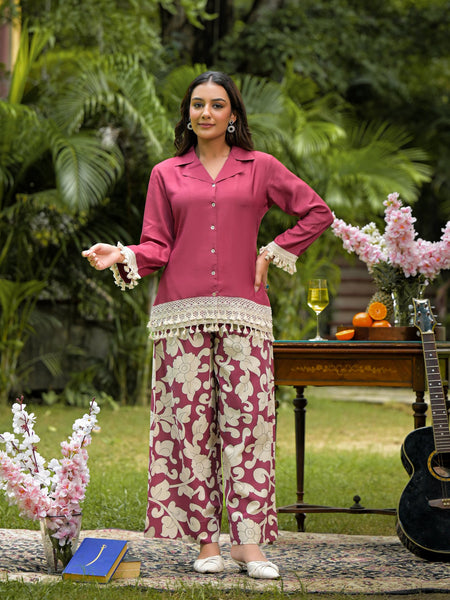 Maroon Printed Crepe Co-Ord Set with Palazzo