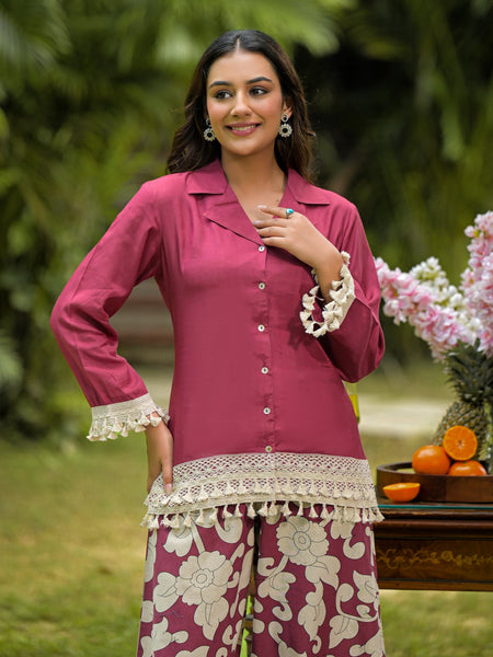 Maroon Printed Crepe Co-Ord Set with Palazzo
