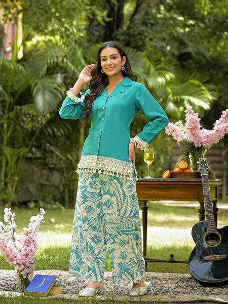 Teal Printed Crepe Co-Ord Set with Palazzo