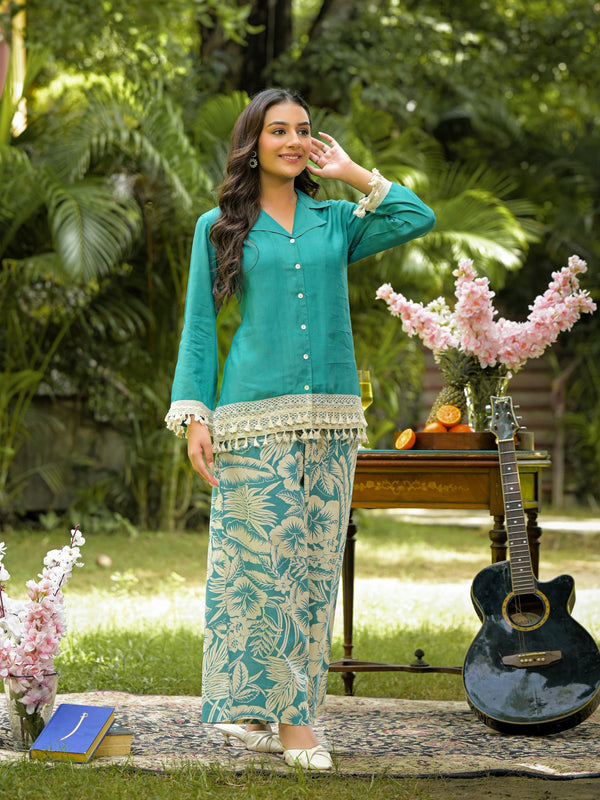 Teal Printed Crepe Co-Ord Set with Palazzo