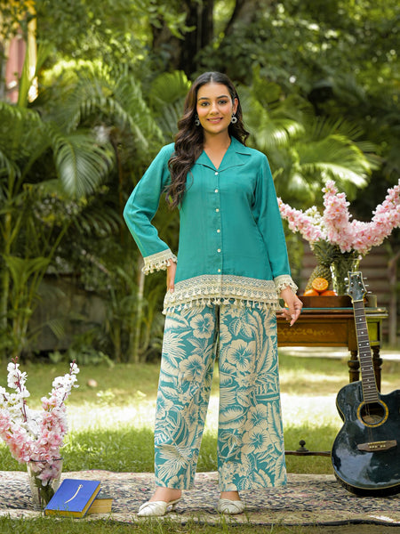 Teal Printed Crepe Co-Ord Set with Palazzo