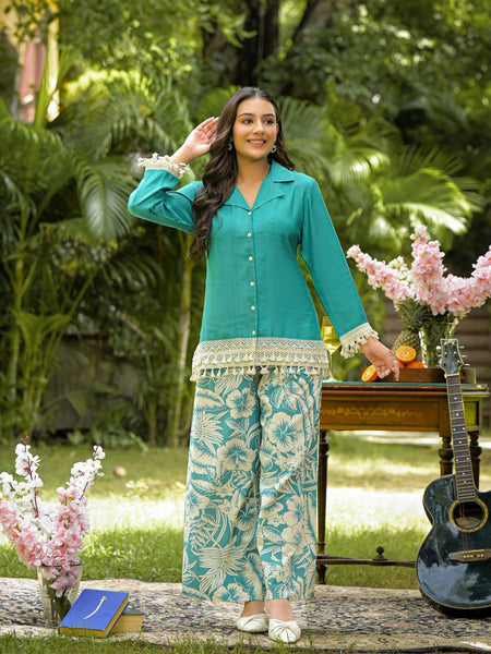 Teal Printed Crepe Co-Ord Set with Palazzo