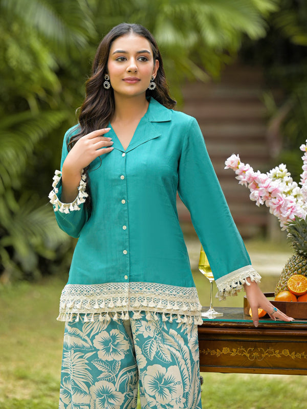 Teal Printed Crepe Co-Ord Set with Palazzo