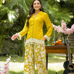Yellow Printed Crepe Co-Ord Set with Palazzo
