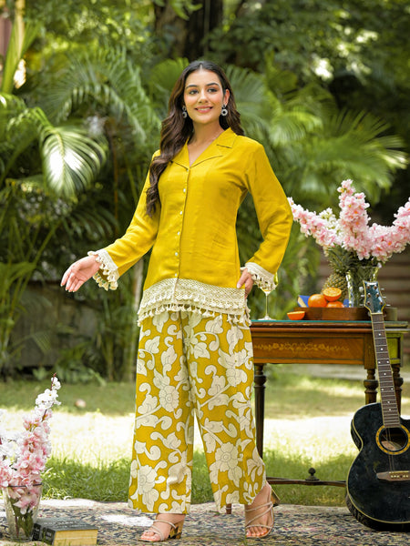 Yellow Printed Crepe Co-Ord Set with Palazzo