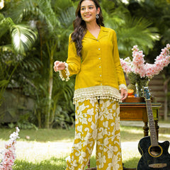 Yellow Printed Crepe Co-Ord Set with Palazzo