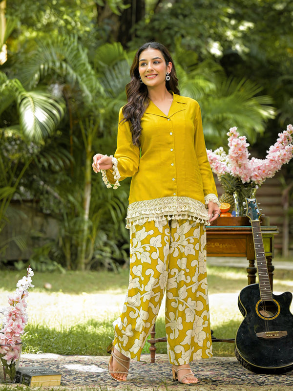 Yellow Printed Crepe Co-Ord Set with Palazzo