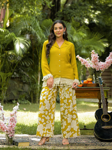 Yellow Printed Crepe Co-Ord Set with Palazzo