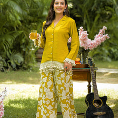 Yellow Printed Crepe Co-Ord Set with Palazzo