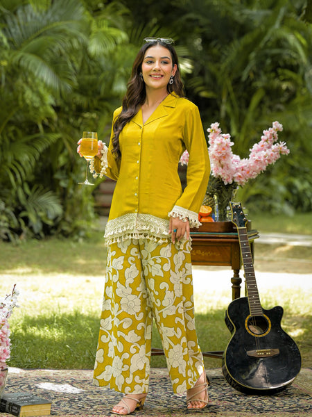 Yellow Printed Crepe Co-Ord Set with Palazzo