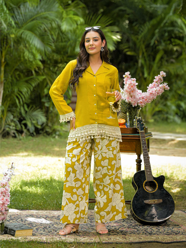 Yellow Printed Crepe Co-Ord Set with Palazzo