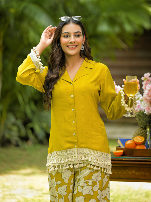 Yellow Printed Crepe Co-Ord Set with Palazzo