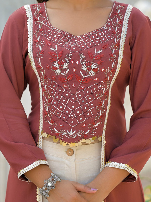 Rust High-Low Crepe Kurta Set for Women