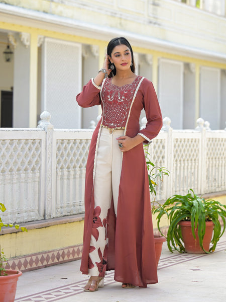 Rust High-Low Crepe Kurta Set for Women
