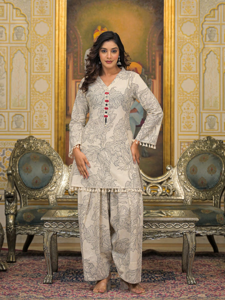 Beige Cotton Premium And Elegant Kurta Sets For Women