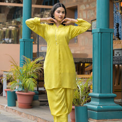 Lime Green Crepe Solid Co-Ord Set for Women