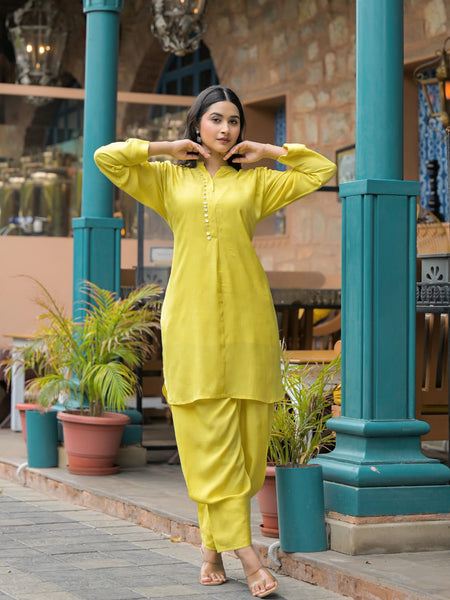 Lime Green Crepe Solid Co-Ord Set for Women