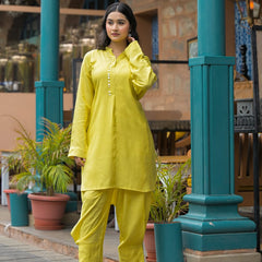 Lime Green Crepe Solid Co-Ord Set for Women