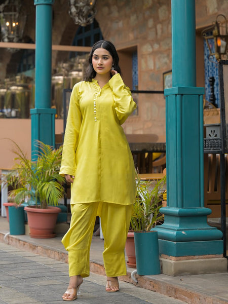 Lime Green Crepe Solid Co-Ord Set for Women