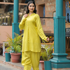 Lime Green Crepe Solid Co-Ord Set for Women