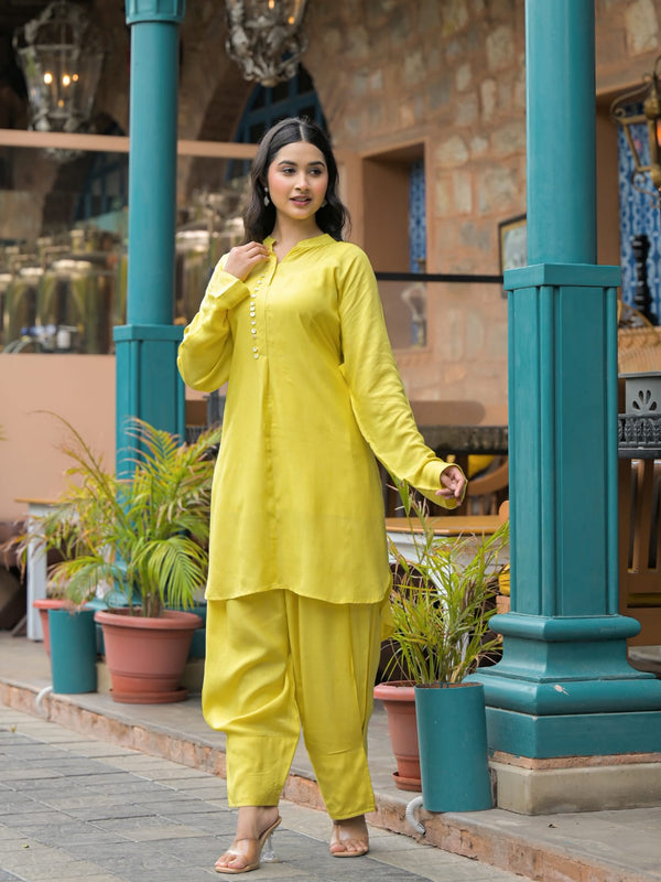 Lime Green Crepe Solid Co-Ord Set for Women