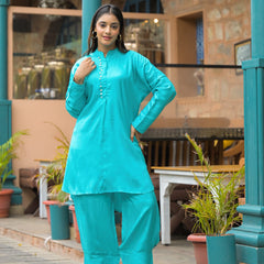 Turquoise Blue Crepe Solid Co-Ord Set for Women