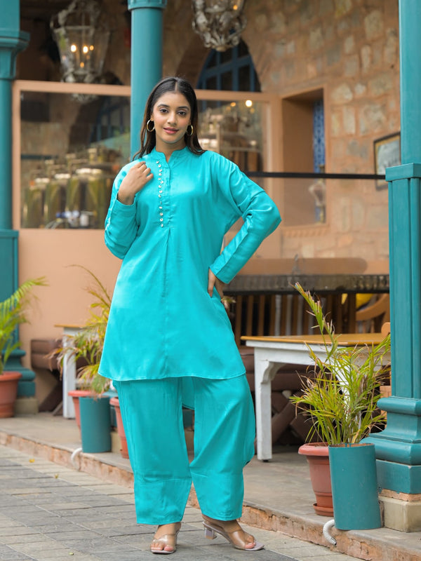Turquoise Blue Crepe Solid Co-Ord Set for Women