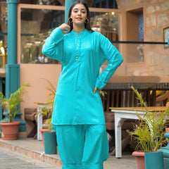 Turquoise Blue Crepe Solid Co-Ord Set for Women