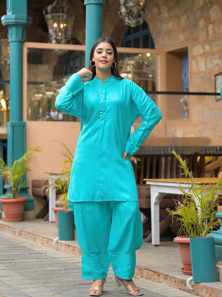 Turquoise Blue Crepe Solid Co-Ord Set for Women