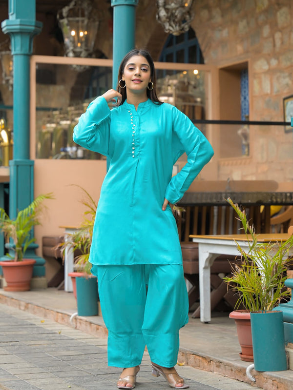 Turquoise Blue Crepe Solid Co-Ord Set for Women