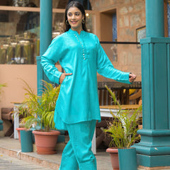 Turquoise Blue Crepe Solid Co-Ord Set for Women