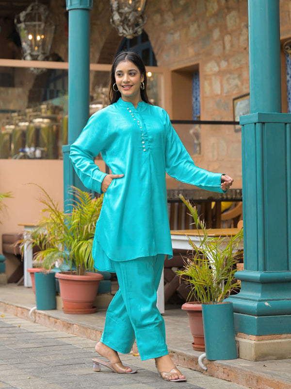 Turquoise Blue Crepe Solid Co-Ord Set for Women