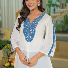 Off-White and Blue Cotton Premium And Elegant Kurta Sets For Women