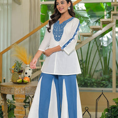 Off-White and Blue Cotton Premium And Elegant Kurta Sets For Women