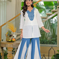 Off-White and Blue Cotton Premium And Elegant Kurta Sets For Women