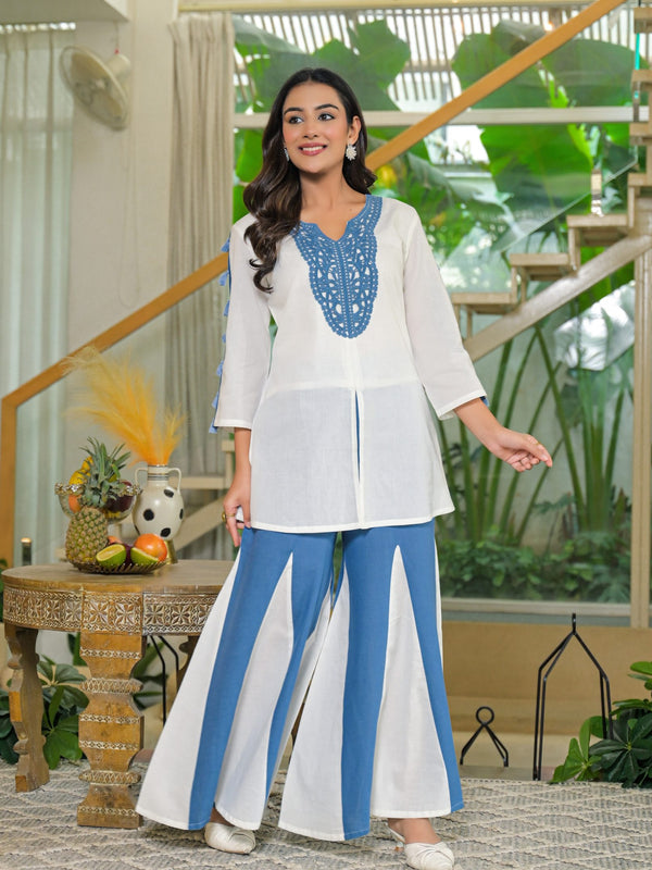 Off-White and Blue Cotton Premium And Elegant Kurta Sets For Women